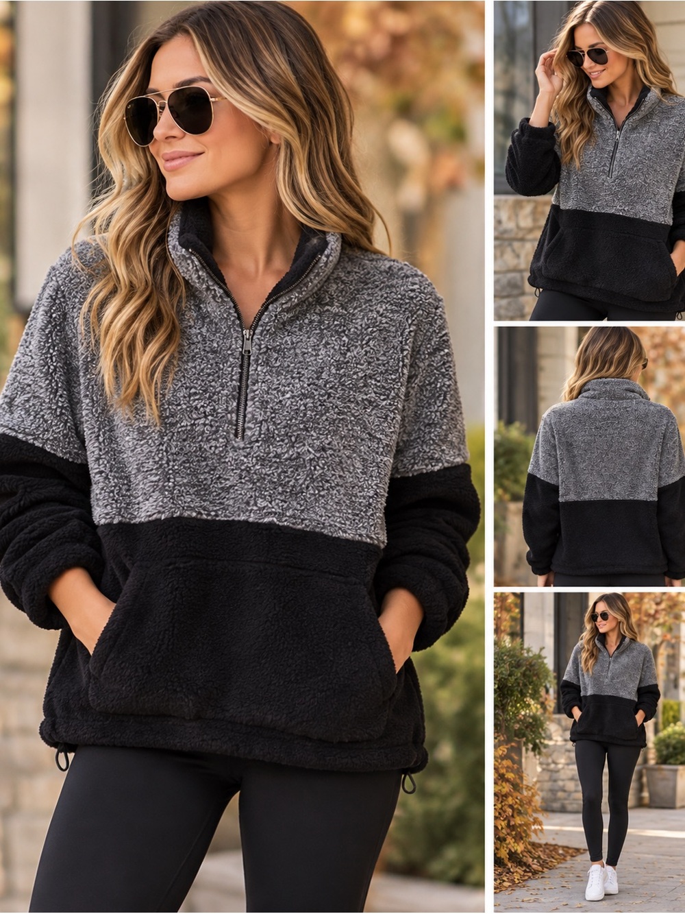 Entro Women’s Two-Tone Gray & Black Zip-Up Sherpa Pullover size Small